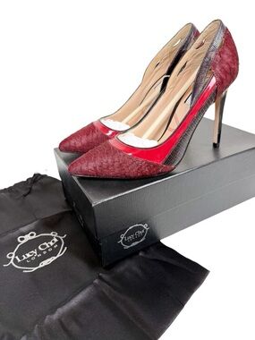 NEW Lucy Choi London Muse Pumps Burgundy Calf Hair Patent Leather Heels Size 39